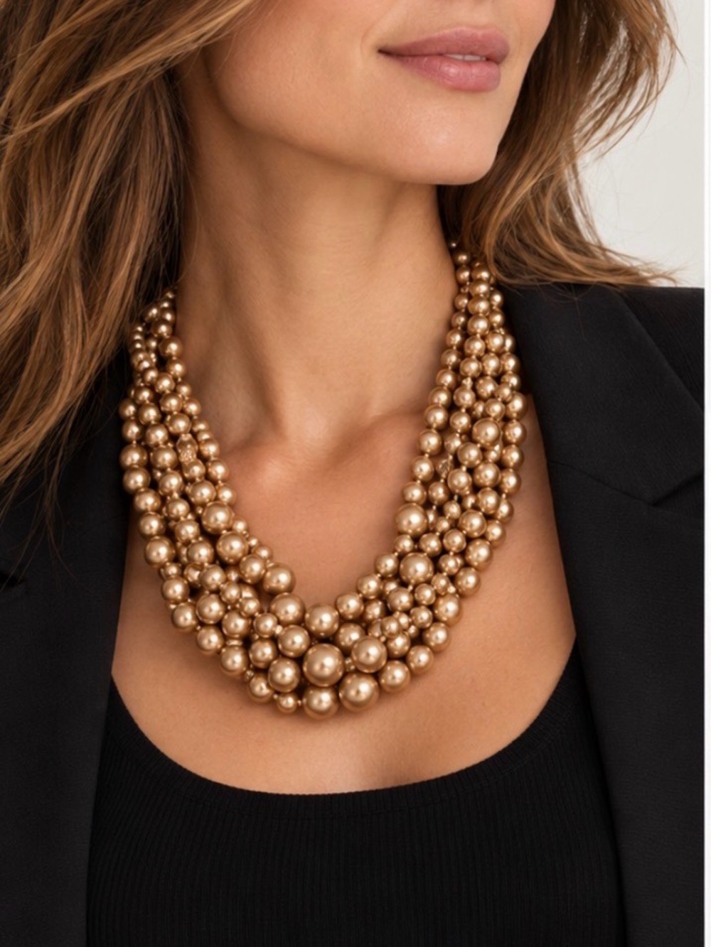 J.Crew Champagne Gold Five Strand Faux Pearl Statement Necklace